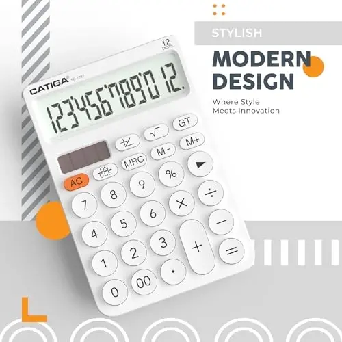 CATIGA 12 Digit Desktop Calculator Katta LCD displeyli, katta tugmachali, 4 funksiyali, quyosh va batareyali, ofis, maktab, uy uchun SD-1292 oq - 5