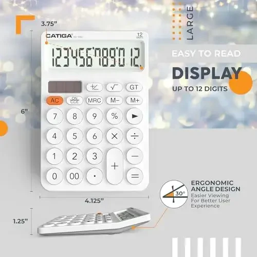 CATIGA 12 Digit Desktop Calculator Katta LCD displeyli, katta tugmachali, 4 funksiyali, quyosh va batareyali, ofis, maktab, uy uchun SD-1292 oq - 3