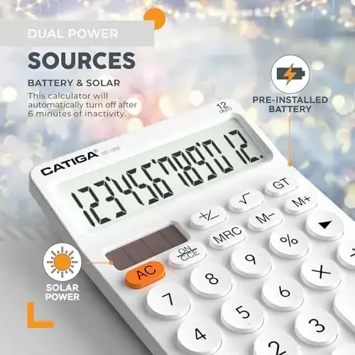 CATIGA 12 Digit Desktop Calculator Katta LCD displeyli, katta tugmachali, 4 funksiyali, quyosh va batareyali, ofis, maktab, uy uchun SD-1292 oq - 4