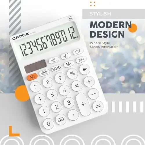 CATIGA 12 Digit Desktop Calculator Katta LCD displeyli, katta tugmachali, 4 funksiyali, quyosh va batareyali, ofis, maktab, uy uchun SD-1292 oq - 6