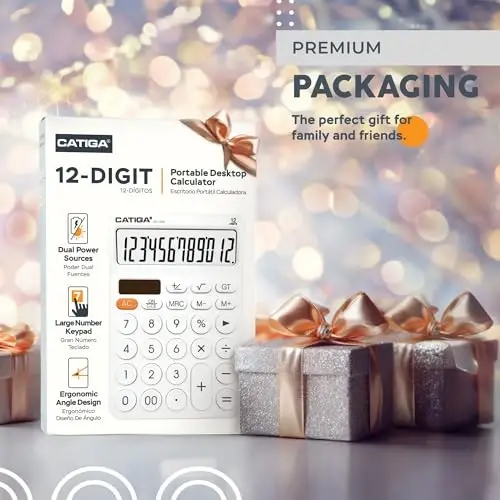CATIGA 12 Digit Desktop Calculator Katta LCD displeyli, katta tugmachali, 4 funksiyali, quyosh va batareyali, ofis, maktab, uy uchun SD-1292 oq - CATIGA