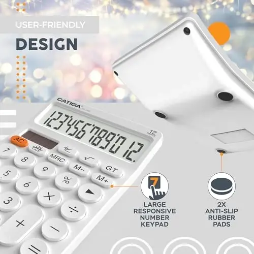CATIGA 12 Digit Desktop Calculator Katta LCD displeyli, katta tugmachali, 4 funksiyali, quyosh va batareyali, ofis, maktab, uy uchun SD-1292 oq - 5