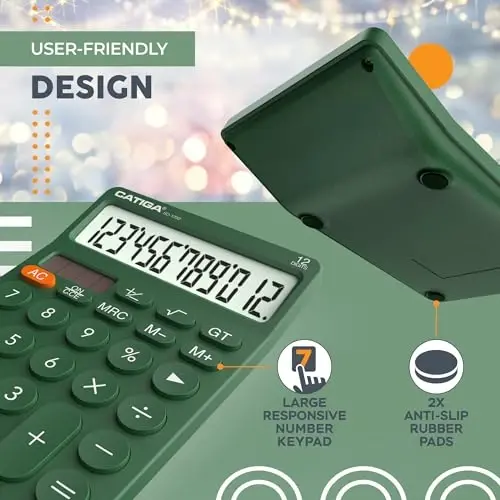 CATIGA 12 Digit Desktop Calculator Katta LCD displeyli, katta tugmalar, 4 funksiya, quyosh va batareya bilan ikkilamchi quvvat, ofis, maktab, uy uchun mo'ljallangan SD-1292 yashil asosiy stol kalkulyatori - 5