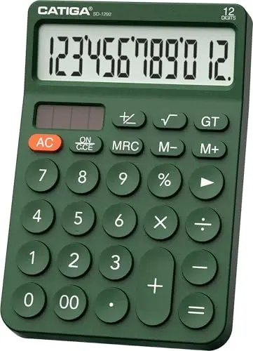 CATIGA 12 Digit Desktop Calculator Katta LCD displeyli, katta tugmalar, 4 funksiya, quyosh va batareya bilan ikkilamchi quvvat, ofis, maktab, uy uchun mo'ljallangan SD-1292 yashil asosiy stol kalkulyatori - 6