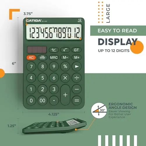 CATIGA 12 Digit Desktop Calculator Katta LCD displeyli, katta tugmalar, 4 funksiya, quyosh va batareya bilan ikkilamchi quvvat, ofis, maktab, uy uchun mo'ljallangan SD-1292 yashil asosiy stol kalkulyatori - CATIGA (1)