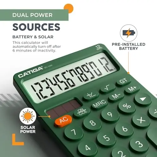 CATIGA 12 Digit Desktop Calculator Katta LCD displeyli, katta tugmalar, 4 funksiya, quyosh va batareya bilan ikkilamchi quvvat, ofis, maktab, uy uchun mo'ljallangan SD-1292 yashil asosiy stol kalkulyatori - 3