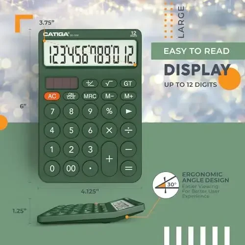CATIGA 12 Digit Desktop Calculator Katta LCD displeyli, katta tugmalar, 4 funksiya, quyosh va batareya bilan ikkilamchi quvvat, ofis, maktab, uy uchun mo'ljallangan SD-1292 yashil asosiy stol kalkulyatori - 3