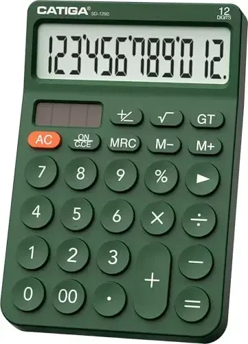 CATIGA 12 Digit Desktop Calculator Katta LCD displeyli, katta tugmalar, 4 funksiya, quyosh va batareya bilan ikkilamchi quvvat, ofis, maktab, uy uchun mo'ljallangan SD-1292 yashil asosiy stol kalkulyatori - 7