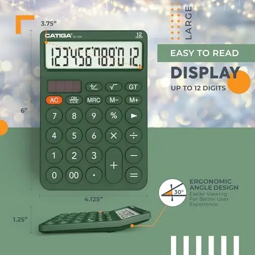 CATIGA 12 Digit Desktop Calculator Katta LCD displeyli, katta tugmalar, 4 funksiya, quyosh va batareya bilan ikkilamchi quvvat, ofis, maktab, uy uchun mo'ljallangan SD-1292 yashil asosiy stol kalkulyatori - 3