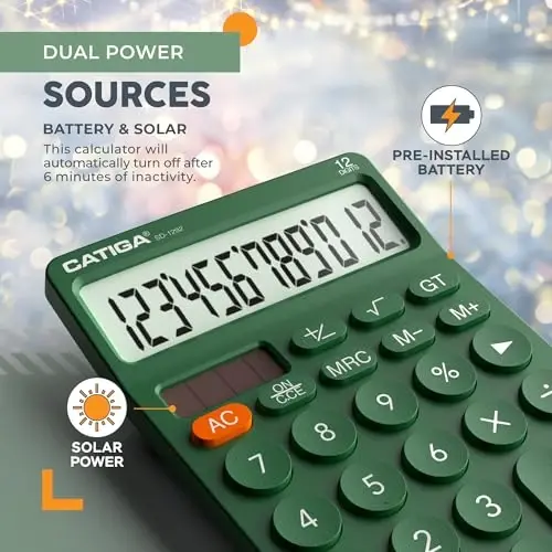 CATIGA 12 Digit Desktop Calculator Katta LCD displeyli, katta tugmalar, 4 funksiya, quyosh va batareya bilan ikkilamchi quvvat, ofis, maktab, uy uchun mo'ljallangan SD-1292 yashil asosiy stol kalkulyatori - 4