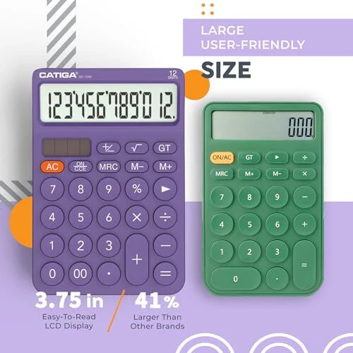 CATIGA 12 Digit Desktop Calculator with Large LCD Display, 4 Funtions Calculator, Round Design Big Button, Solar and Battery Dual Power, Standard Function for Office, Home, School, SD-1292 - 3