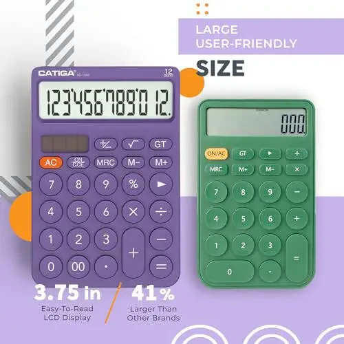 CATIGA 12 Digit Desktop Calculator with Large LCD Display, 4 Funtions Calculator, Round Design Big Button, Solar and Battery Dual Power, Standard Function for Office, Home, School, SD-1292 - 3