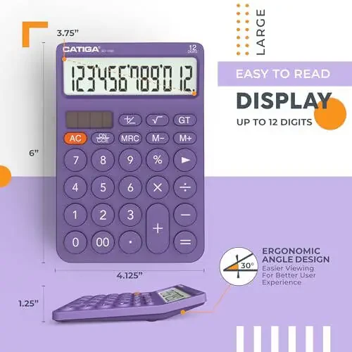 CATIGA 12 Digit Desktop Calculator with Large LCD Display, 4 Funtions Calculator, Round Design Big Button, Solar and Battery Dual Power, Standard Function for Office, Home, School, SD-1292 - 4