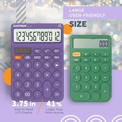 CATIGA 12 Digit Desktop Calculator with Large LCD Display, 4 Funtions Calculator, Round Design Big Button, Solar and Battery Dual Power, Standard Function for Office, Home, School, SD-1292 - 2