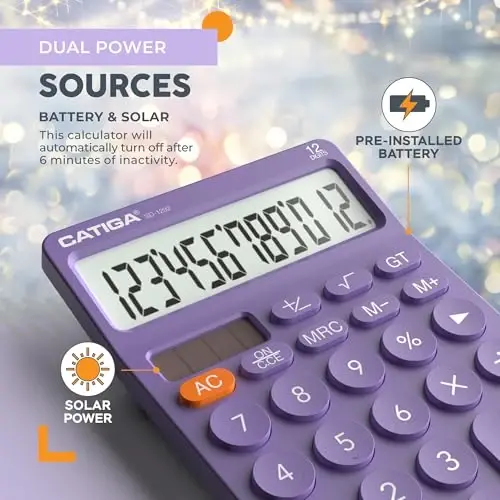 CATIGA 12 Digit Desktop Calculator with Large LCD Display, 4 Funtions Calculator, Round Design Big Button, Solar and Battery Dual Power, Standard Function for Office, Home, School, SD-1292 - 4