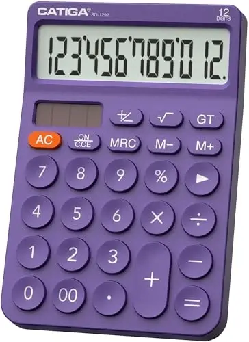 CATIGA 12 Digit Desktop Calculator with Large LCD Display, 4 Funtions Calculator, Round Design Big Button, Solar and Battery Dual Power, Standard Function for Office, Home, School, SD-1292 