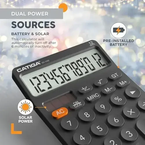 CATIGA 12 Digit Desktop Calculator with Large LCD Display, 4 Funtions Calculator, Round Design Big Button, Solar and Battery Dual Power, Standard Function for Office, Home, School, SD-1292 - 4
