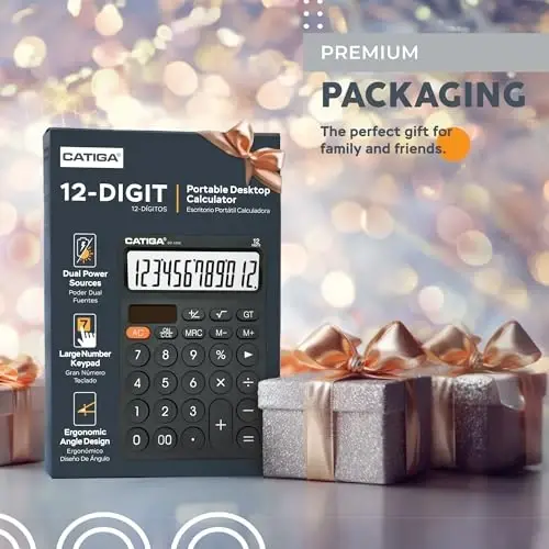 CATIGA 12 Digit Desktop Calculator with Large LCD Display, 4 Funtions Calculator, Round Design Big Button, Solar and Battery Dual Power, Standard Function for Office, Home, School, SD-1292 