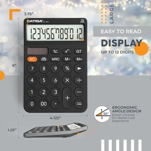 CATIGA 12 Digit Desktop Calculator with Large LCD Display, 4 Funtions Calculator, Round Design Big Button, Solar and Battery Dual Power, Standard Function for Office, Home, School, SD-1292 - 3