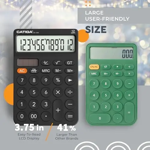 CATIGA 12 Digit Desktop Calculator with Large LCD Display, 4 Funtions Calculator, Round Design Big Button, Solar and Battery Dual Power, Standard Function for Office, Home, School, SD-1292 - CATIGA (1)