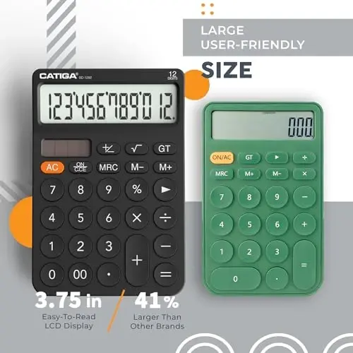 CATIGA 12 Digit Desktop Calculator with Large LCD Display, 4 Funtions Calculator, Round Design Big Button, Solar and Battery Dual Power, Standard Function for Office, Home, School, SD-1292 