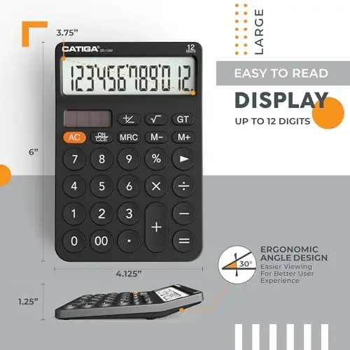 CATIGA 12 Digit Desktop Calculator with Large LCD Display, 4 Funtions Calculator, Round Design Big Button, Solar and Battery Dual Power, Standard Function for Office, Home, School, SD-1292 - 2