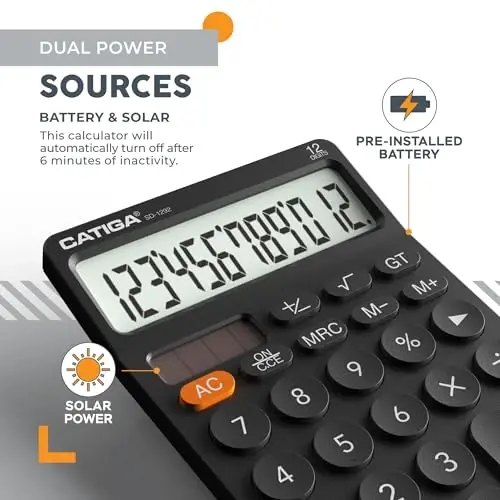 CATIGA 12 Digit Desktop Calculator with Large LCD Display, 4 Funtions Calculator, Round Design Big Button, Solar and Battery Dual Power, Standard Function for Office, Home, School, SD-1292 - 3