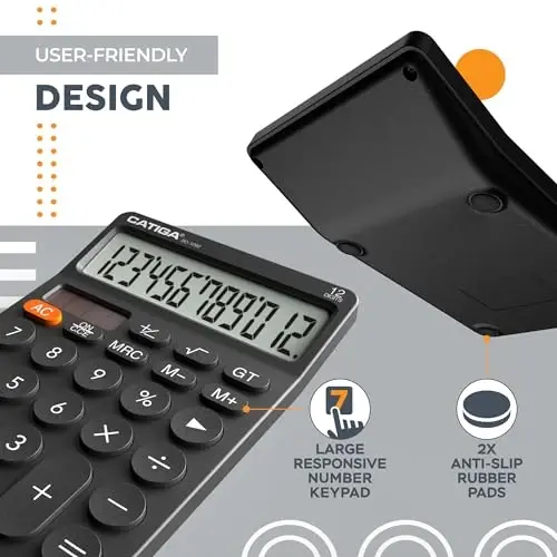 CATIGA 12 Digit Desktop Calculator with Large LCD Display, 4 Funtions Calculator, Round Design Big Button, Solar and Battery Dual Power, Standard Function for Office, Home, School, SD-1292 - 4