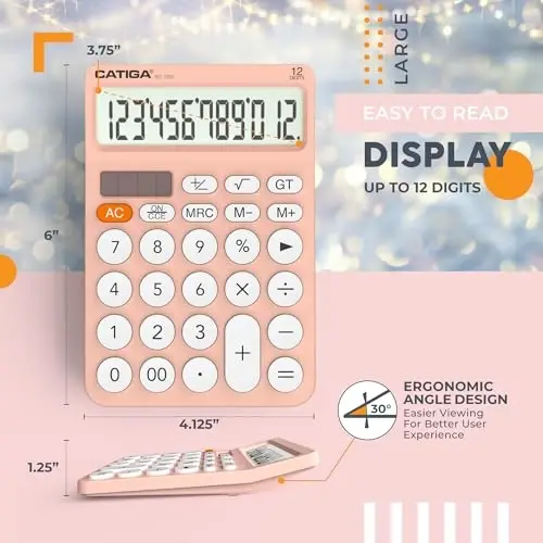 CATIGA 12 Digitli Stol Kalkulyatori Katta LCD Displey, Katta Tugmalar, 4 Funksiya, Quyosh va Batareya Ikkilamchi Quvvat, Ofis, Maktab, Uy uchun, SD-1292 Pushti - 3