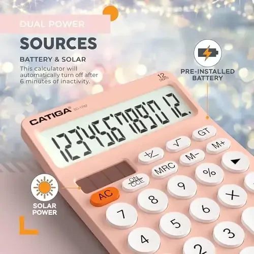 CATIGA 12 Digitli Stol Kalkulyatori Katta LCD Displey, Katta Tugmalar, 4 Funksiya, Quyosh va Batareya Ikkilamchi Quvvat, Ofis, Maktab, Uy uchun, SD-1292 Pushti - 4