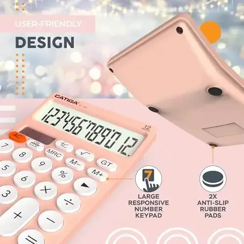 CATIGA 12 Digitli Stol Kalkulyatori Katta LCD Displey, Katta Tugmalar, 4 Funksiya, Quyosh va Batareya Ikkilamchi Quvvat, Ofis, Maktab, Uy uchun, SD-1292 Pushti - 5