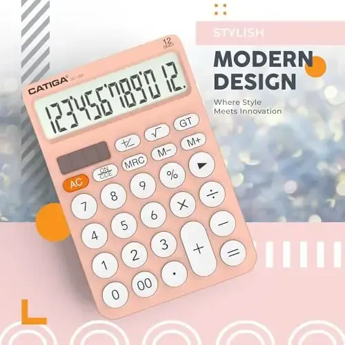 CATIGA 12 Digitli Stol Kalkulyatori Katta LCD Displey, Katta Tugmalar, 4 Funksiya, Quyosh va Batareya Ikkilamchi Quvvat, Ofis, Maktab, Uy uchun, SD-1292 Pushti - 6