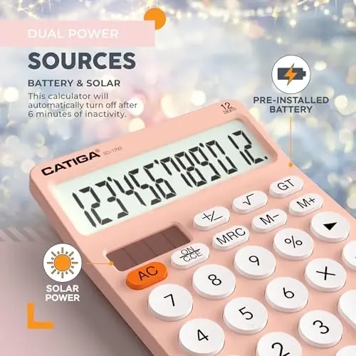 CATIGA 12 Digitli Stol Kalkulyatori Katta LCD Displey, Katta Tugmalar, 4 Funksiya, Quyosh va Batareya Ikkilamchi Quvvat, Ofis, Maktab, Uy uchun, SD-1292 Pushti - 4