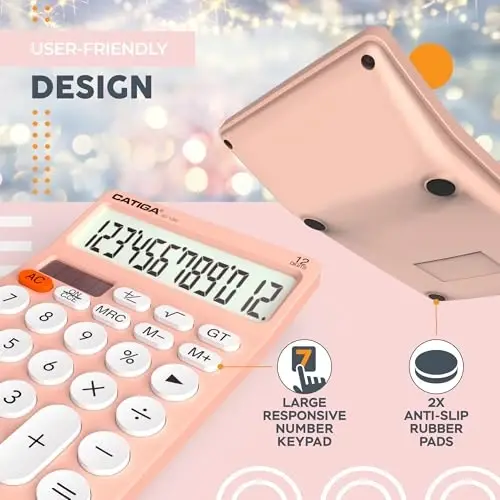 CATIGA 12 Digitli Stol Kalkulyatori Katta LCD Displey, Katta Tugmalar, 4 Funksiya, Quyosh va Batareya Ikkilamchi Quvvat, Ofis, Maktab, Uy uchun, SD-1292 Pushti - 5