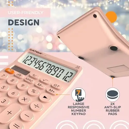 CATIGA 12 Digitli Stol Kalkulyatori Katta LCD Displey, Katta Tugmalar, 4 Funktsiya, Quyosh va Batareya Ikkilamchi Quvvat, Ofis, Maktab, Uy uchun, SD-1292 Pushti - 5