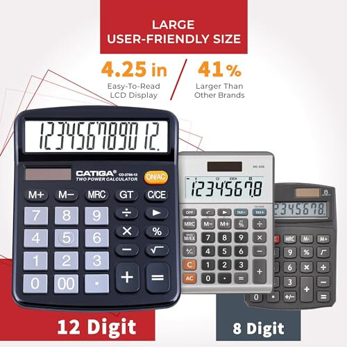 CATIGA 12 Digits Desktop Calculator with Large LCD Display and Sensitive Button, Dual Solar Power and Battery, Standard Function for Office, Home, School, CD-2786 - 7