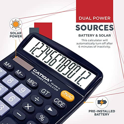 CATIGA 12 Digits Desktop Calculator with Large LCD Display and Sensitive Button, Dual Solar Power and Battery, Standard Function for Office, Home, School, CD-2786 - 10