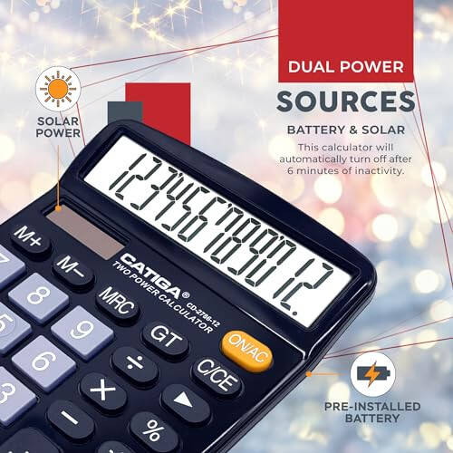 CATIGA 12 Digits Desktop Calculator with Large LCD Display and Sensitive Button, Dual Solar Power and Battery, Standard Function for Office, Home, School, CD-2786 - 4