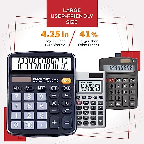 CATIGA 12 Digits Desktop Calculator with Large LCD Display and Sensitive Button, Dual Solar Power and Battery, Standard Function for Office, Home, School, CD-2786 - 5