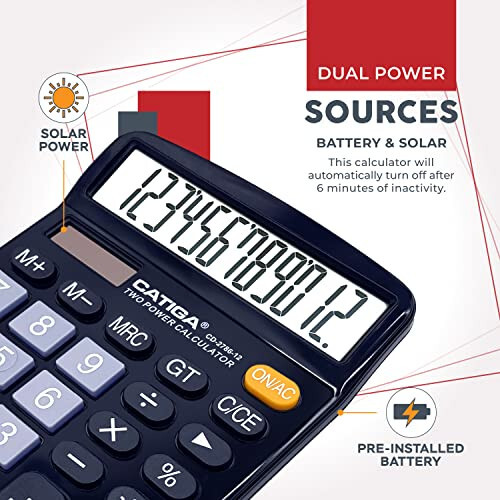 CATIGA 12 Digits Desktop Calculator with Large LCD Display and Sensitive Button, Dual Solar Power and Battery, Standard Function for Office, Home, School, CD-2786 - CATIGA (1)