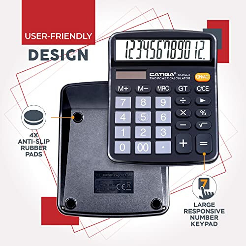 CATIGA 12 Digits Desktop Calculator with Large LCD Display and Sensitive Button, Dual Solar Power and Battery, Standard Function for Office, Home, School, CD-2786 - 3
