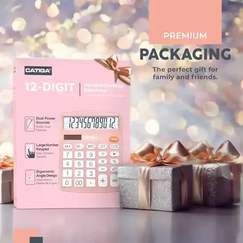 CATIGA 12 Digits Desktop Calculator with Large LCD Display and Sensitive Button, Dual Solar Power and Battery, Standard Function for Office, Home, School, CD-2786(Light Pink) - 1