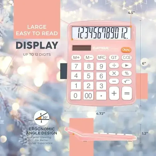 CATIGA 12 Digits Desktop Calculator with Large LCD Display and Sensitive Button, Dual Solar Power and Battery, Standard Function for Office, Home, School, CD-2786(Light Pink) - 3