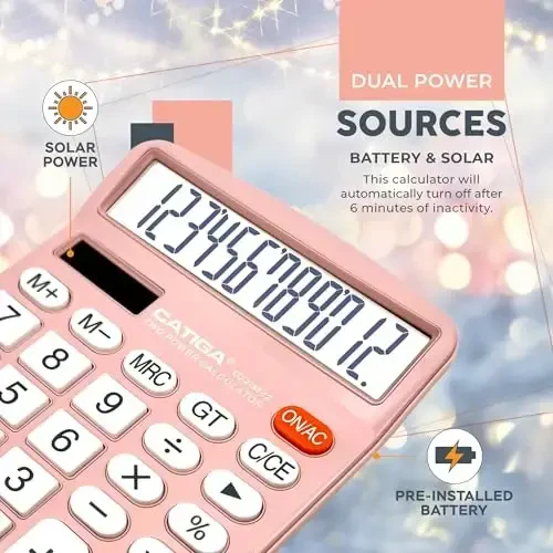 CATIGA 12 Digits Desktop Calculator with Large LCD Display and Sensitive Button, Dual Solar Power and Battery, Standard Function for Office, Home, School, CD-2786(Light Pink) - 4