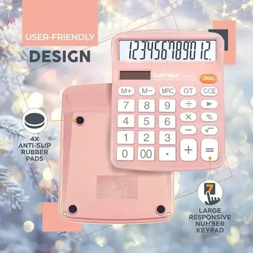 CATIGA 12 Digits Desktop Calculator with Large LCD Display and Sensitive Button, Dual Solar Power and Battery, Standard Function for Office, Home, School, CD-2786(Light Pink) - 5