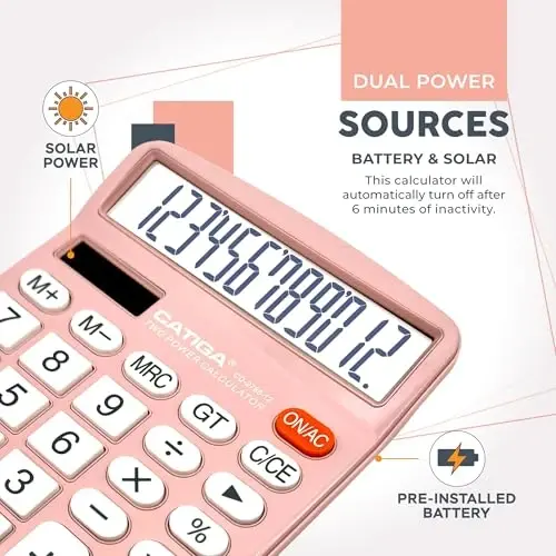 CATIGA 12 Digits Desktop Calculator with Large LCD Display and Sensitive Button, Dual Solar Power and Battery, Standard Function for Office, Home, School, CD-2786(Light Pink) - 3