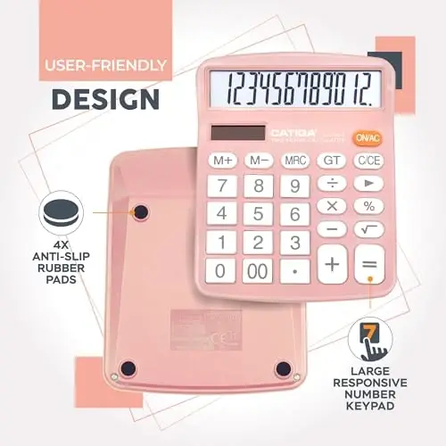 CATIGA 12 Digits Desktop Calculator with Large LCD Display and Sensitive Button, Dual Solar Power and Battery, Standard Function for Office, Home, School, CD-2786(Light Pink) - 4