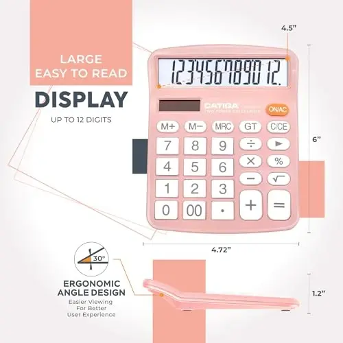 CATIGA 12 Digits Desktop Calculator with Large LCD Display and Sensitive Button, Dual Solar Power and Battery, Standard Function for Office, Home, School, CD-2786(Light Pink) - 2