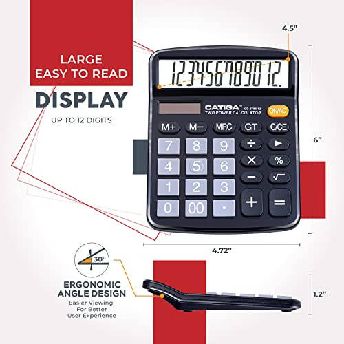 CATIGA 12 Digits Desktop Calculator with Large LCD Display and Sensitive Button, Dual Solar Power and Battery, Standard Function for Office, Home, School, CD-2786 - 1