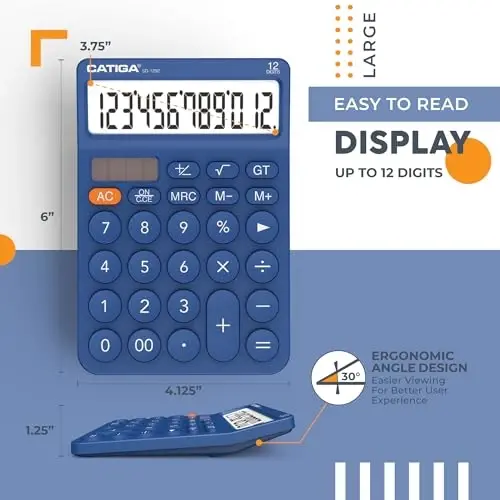 CATIGA 12 Digit Desktop Calculator Basic Desk Calculator with Large LCD Display, Big Buttons, 4 Function, Solar and Battery Dual Power, for Office, School, Home, SD-1292 Navy Blue - CATIGA (1)